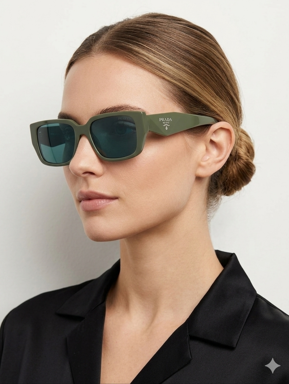 Prada SPR17 W Olive Green Rectangular Sunglasses with Dark Green Lenses